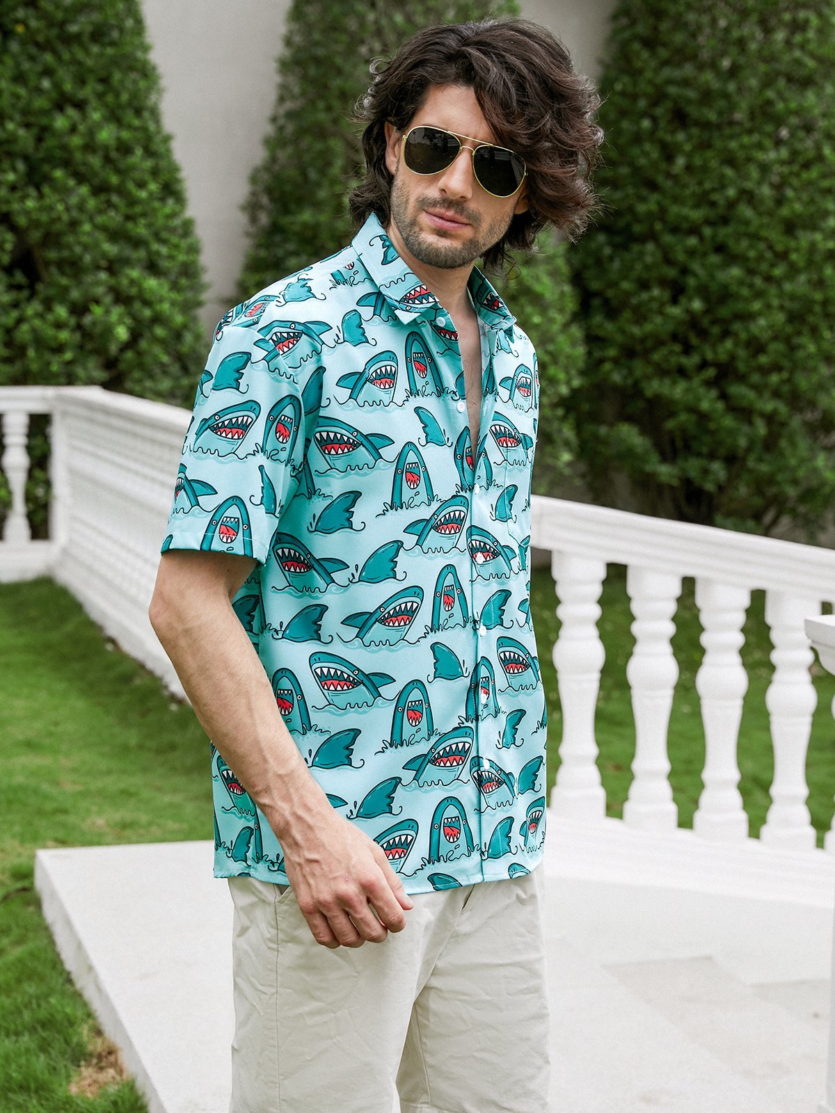 Hardaddy Moisture-Wicking Shark Print Chest Pocket Shirt