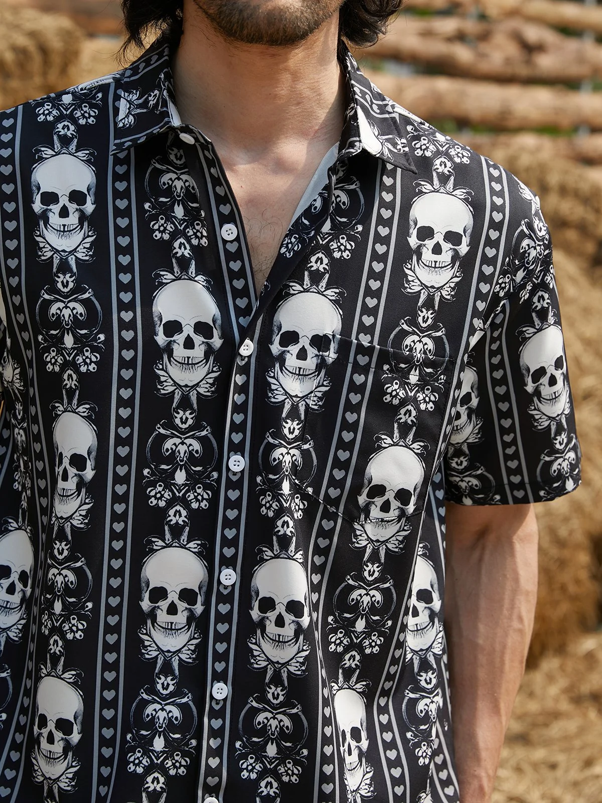 Hardaddy Mens Skull Print Casual Breathable Short-Sleeved Shirt