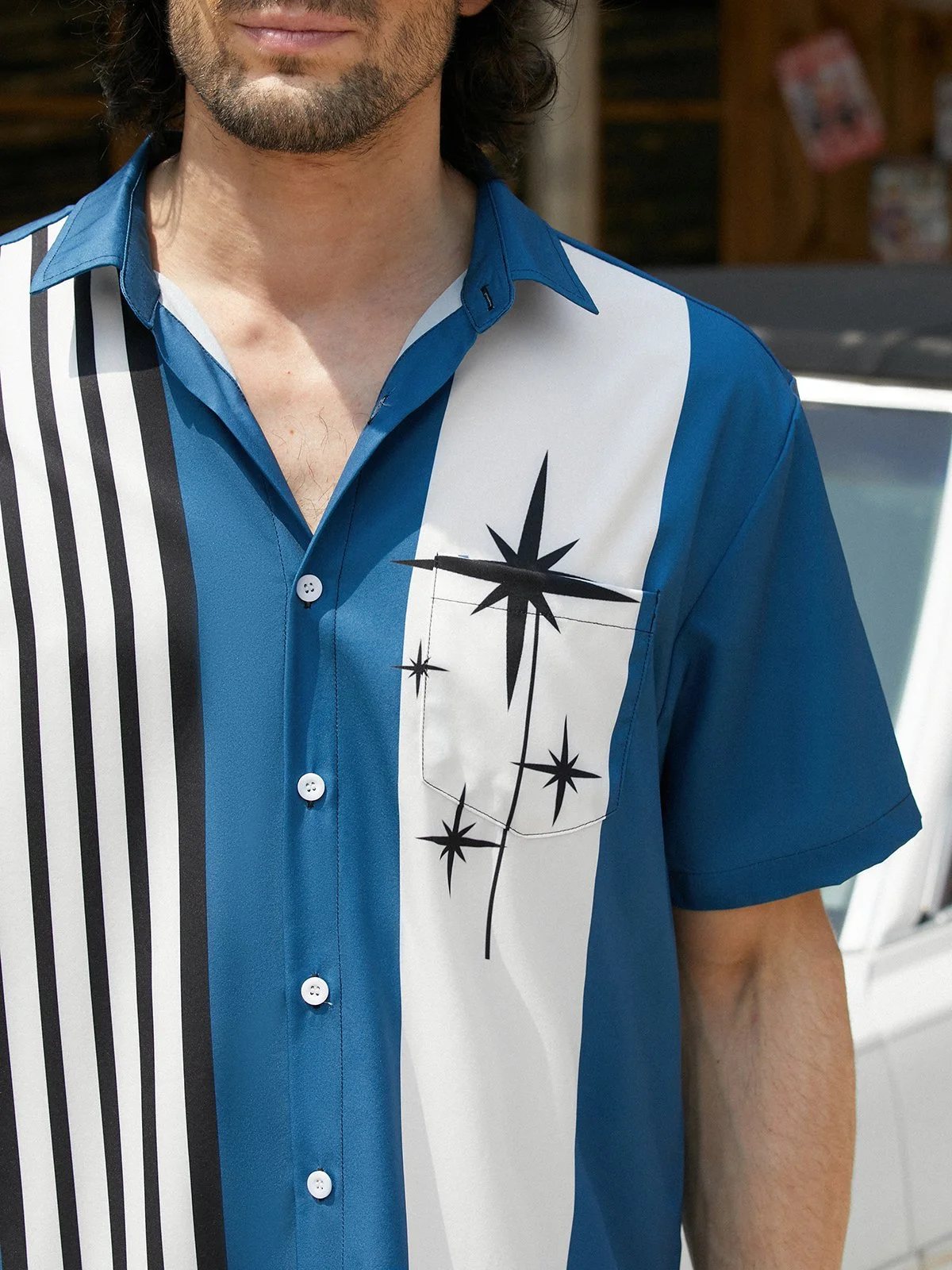 Hardaddy Geometric Stripes Chest Pocket Short Sleeve Shirt