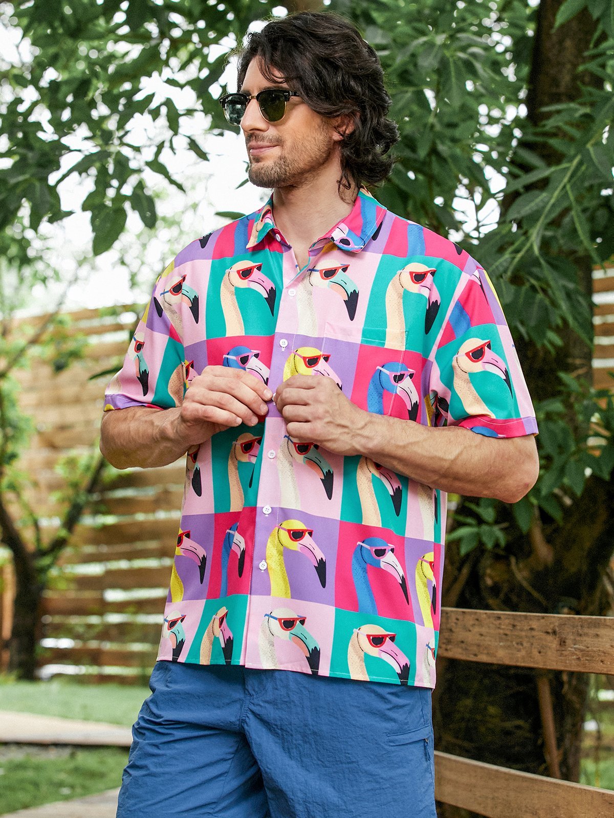 Hardaddy Flamingo Chest Pocket Short Sleeve Hawaiian Shirt