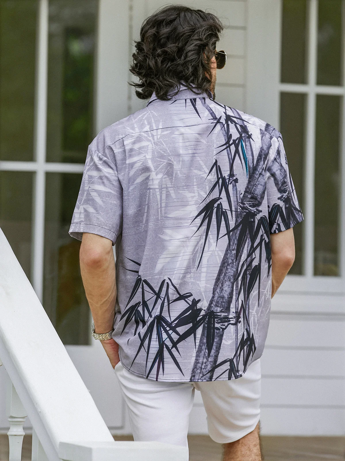Hardaddy Hawaiian Shirt for Men Grey Bamboo Chest Pocket Short Sleeve Casual Button Down Shirt