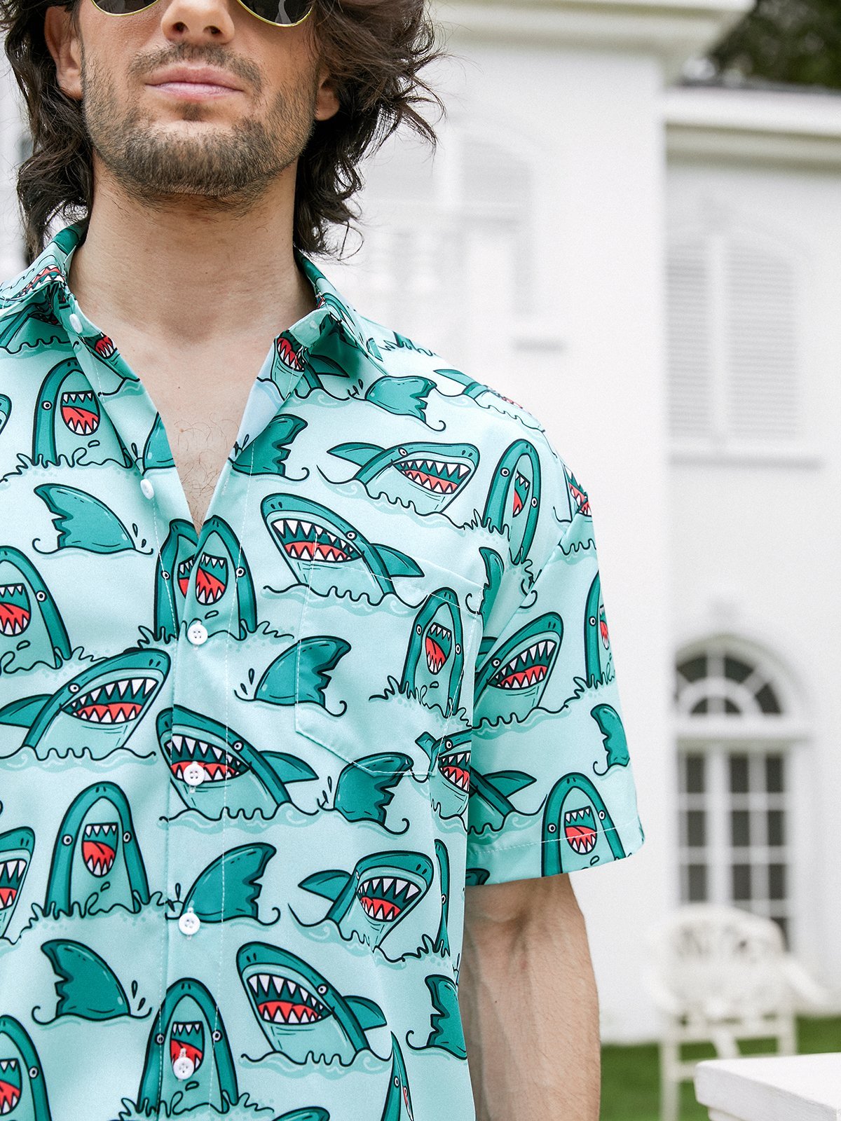 Hardaddy Moisture-Wicking Shark Print Chest Pocket Shirt