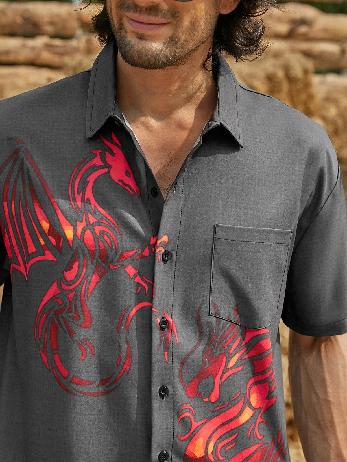Hardaddy Japanese Dragon Pattern Chest Pocket Short Sleeve Casual Shirt