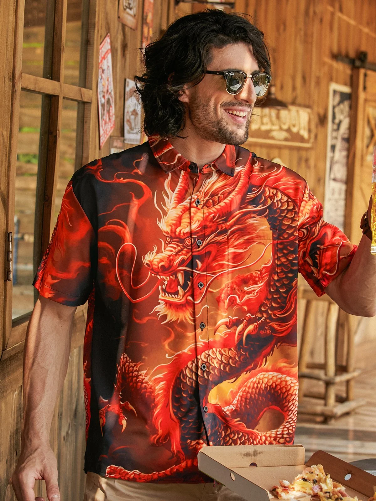 Hardaddy Moisture-wicking Dragon Chest Pocket Hawaiian Shirt