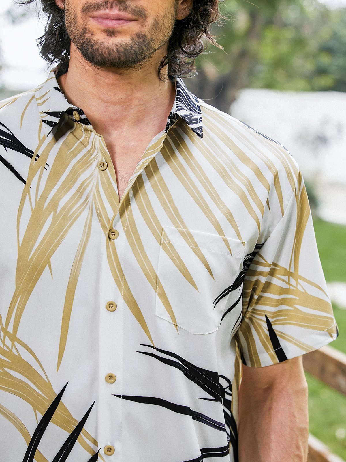 Hardaddy Men's Leaf Print Moisture Wicking Fabric Trendy Lapel Short Sleeve Shirt