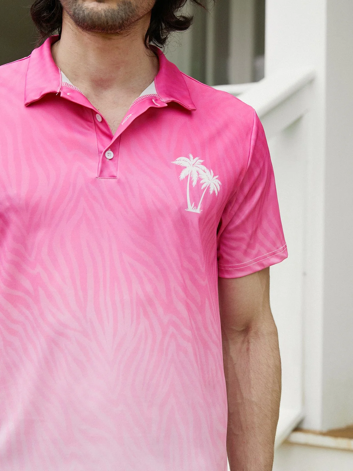 Hardaddy Gradient Coconut Palm Tree Regular Fit Button Short Sleeve Vacation Pink Golf Polo Shirt