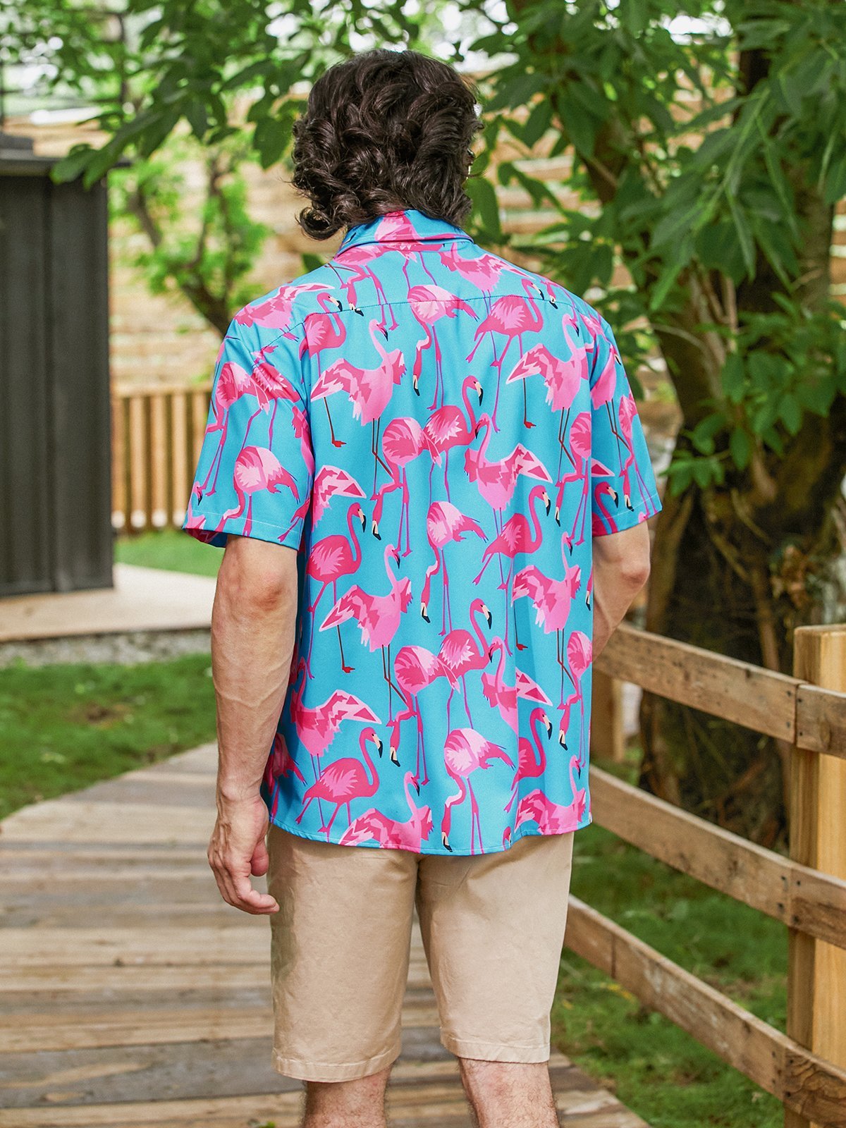 Hardaddy Tropical Animal Flamingo Chest Pocket Short Sleeve Hawaiian Shirt