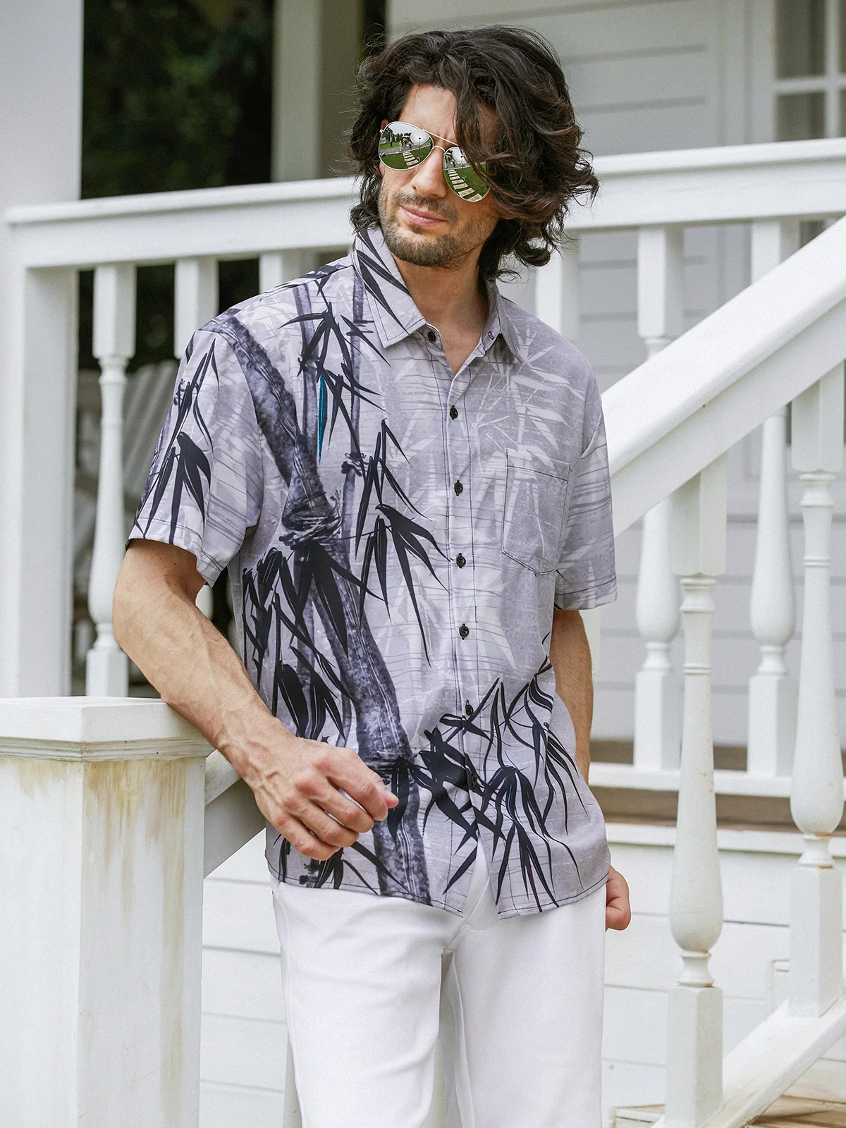 Hardaddy Hawaiian Shirt for Men Grey Bamboo Chest Pocket Short Sleeve Casual Button Down Shirt