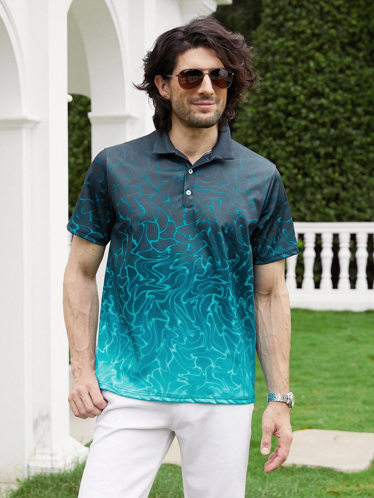 Hardaddy Ombre Abstract Geometric Button Short Sleeve Polo Shirt