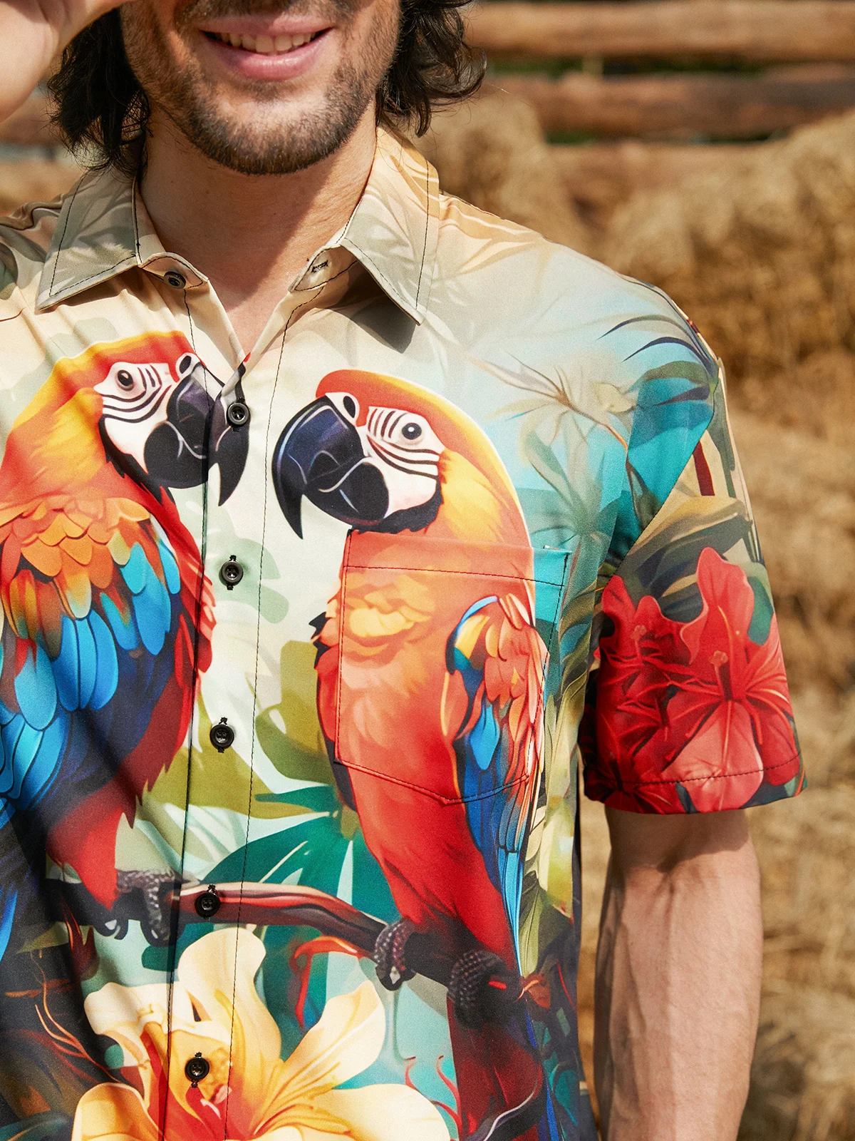 Hardaddy Moisture-wicking Breathable Parrots Chest Pocket Hawaiian Shirt
