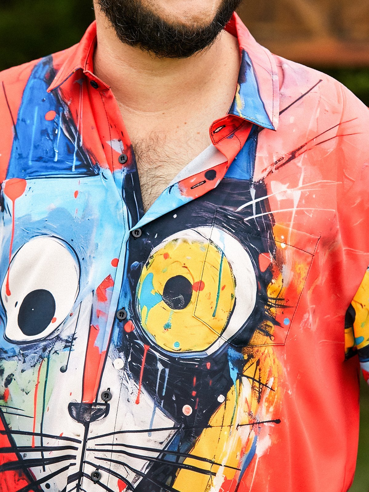 Moisture-wicking Cat Illustration Chest Pocket Hawaiian Shirt