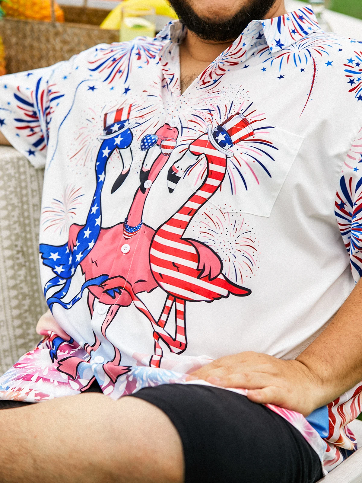 Hardaddy Indepndence Day Flag Flamingo Chest Pocket Short Sleeve Shirt