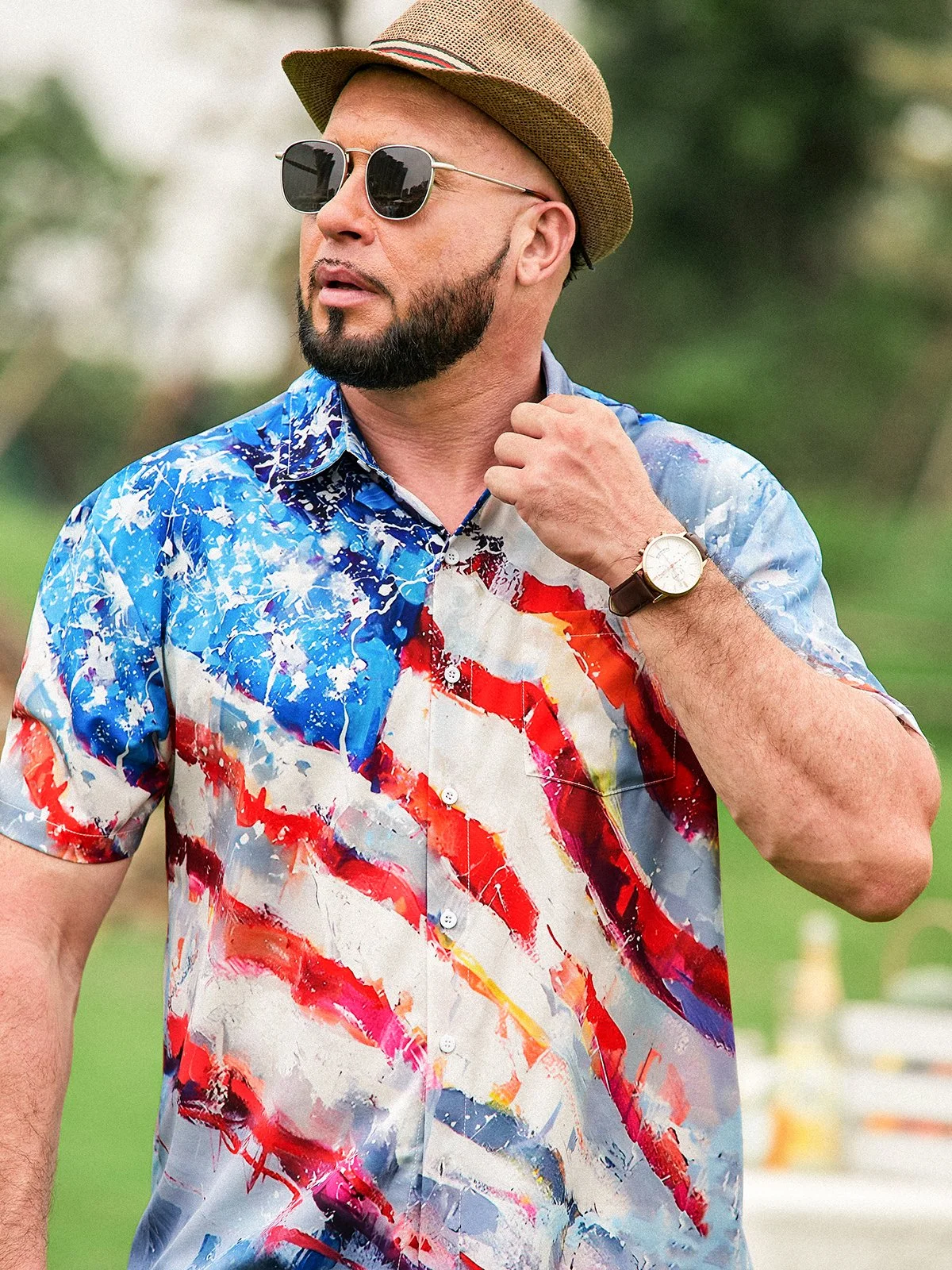 Moisture-wicking American Flag Illustration Chest Pocket Hawaiian Shirt