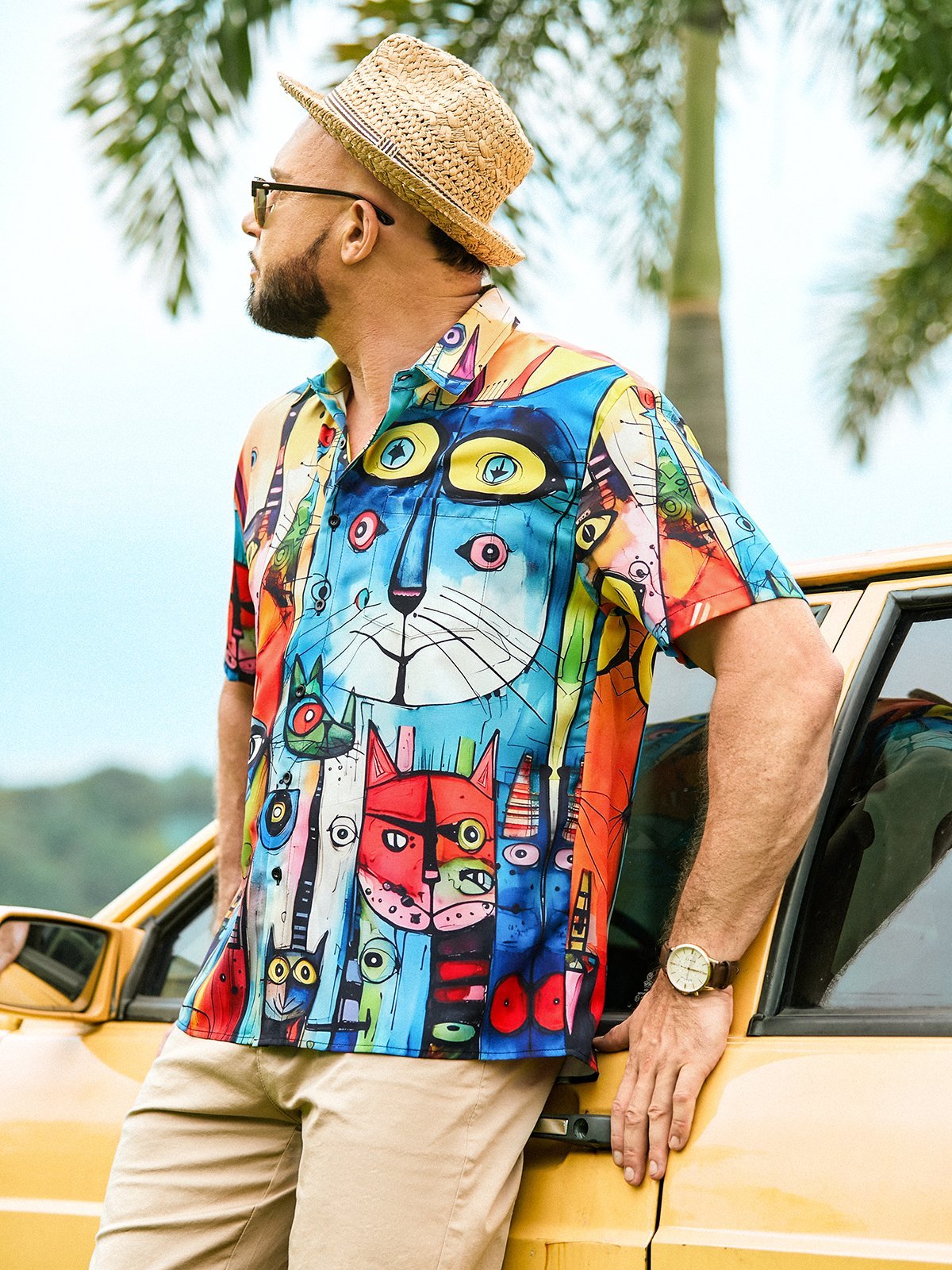 Moisture-wicking Cats Illustration Chest Pocket Hawaiian Shirt