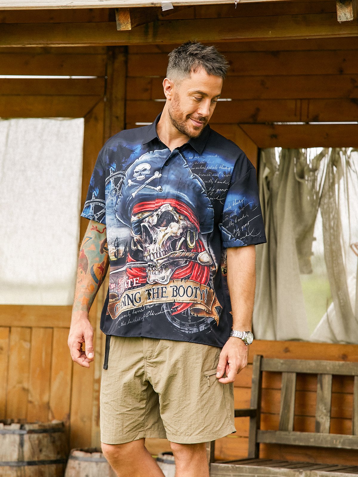 Hardaddy Black Skull Pirate Marine Chest Pocket Short Sleeve Hawaiian Botton Down Shirt