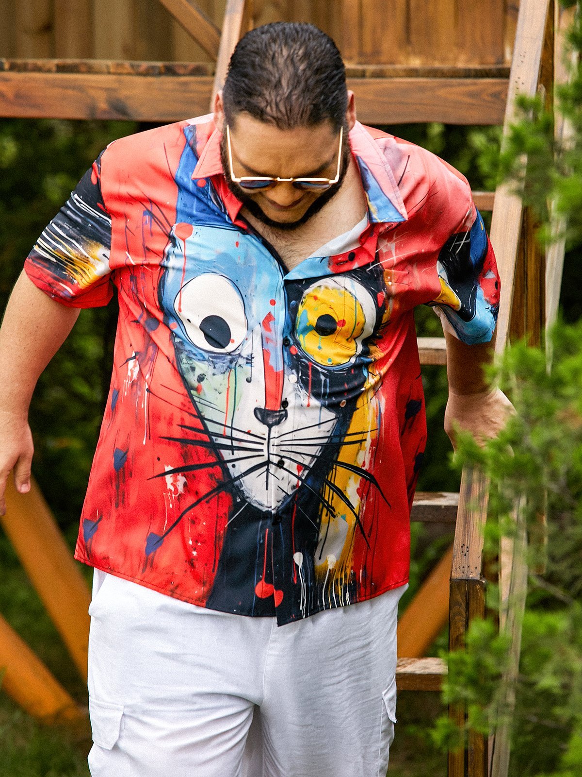 Moisture-wicking Cat Illustration Chest Pocket Hawaiian Shirt