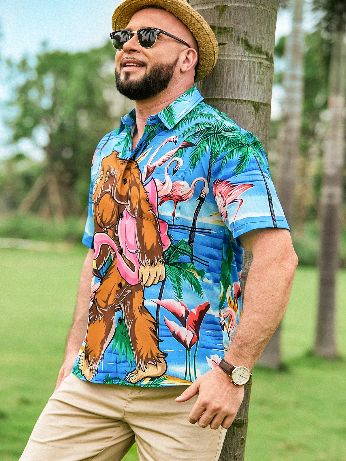 Hardaddy  Flamingo Chest Pocket Short Sleeve Hawaiian Shirt