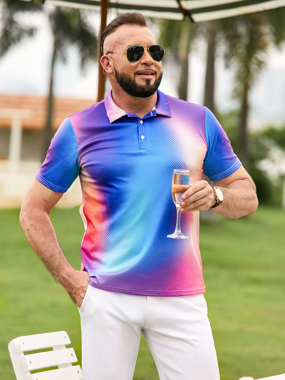 Hardaddy Gradient Color Button Short Sleeve Polo Shirt