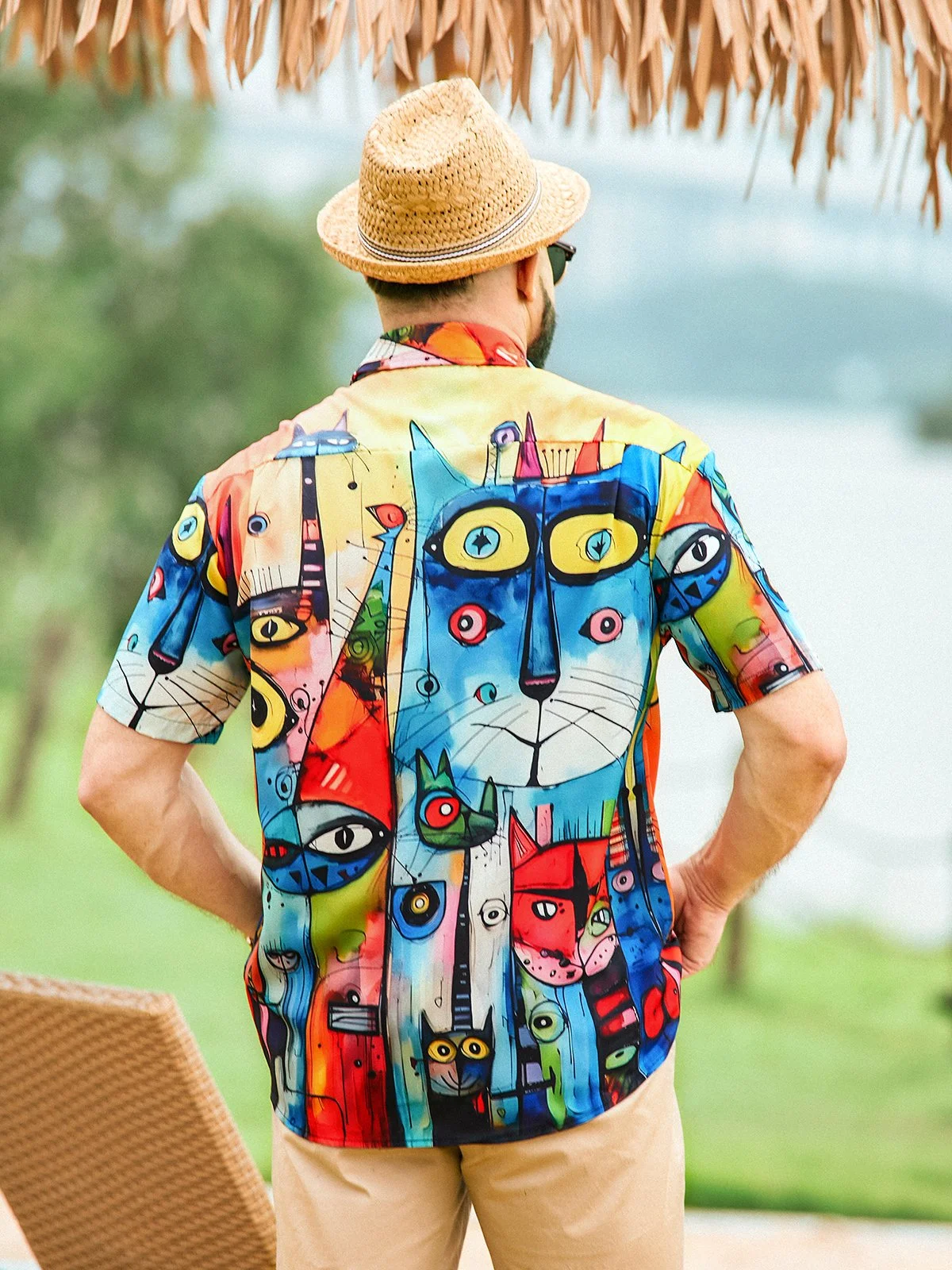 Moisture-wicking Cats Illustration Chest Pocket Hawaiian Shirt