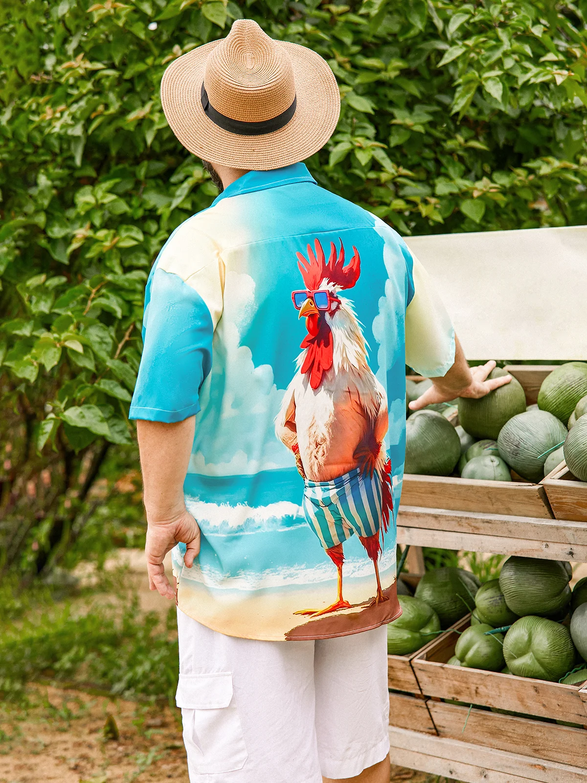 Hardaddy Moisture-wicking Beach Fun Chicken Chest Pocket Hawaiian Shirt