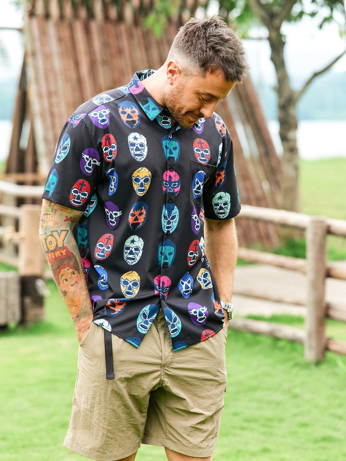 Hardaddy Mexican Culture Wrestling Chest Pocket Short Sleeve Hawaiian Shirt