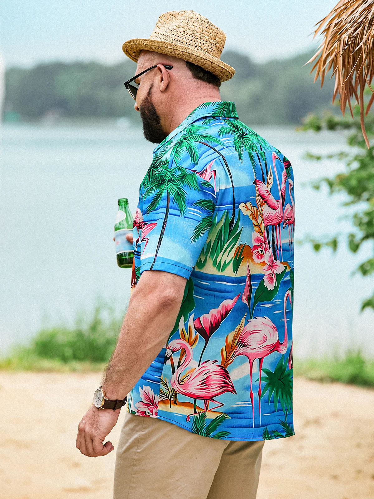 Hardaddy  Flamingo Chest Pocket Short Sleeve Hawaiian Shirt
