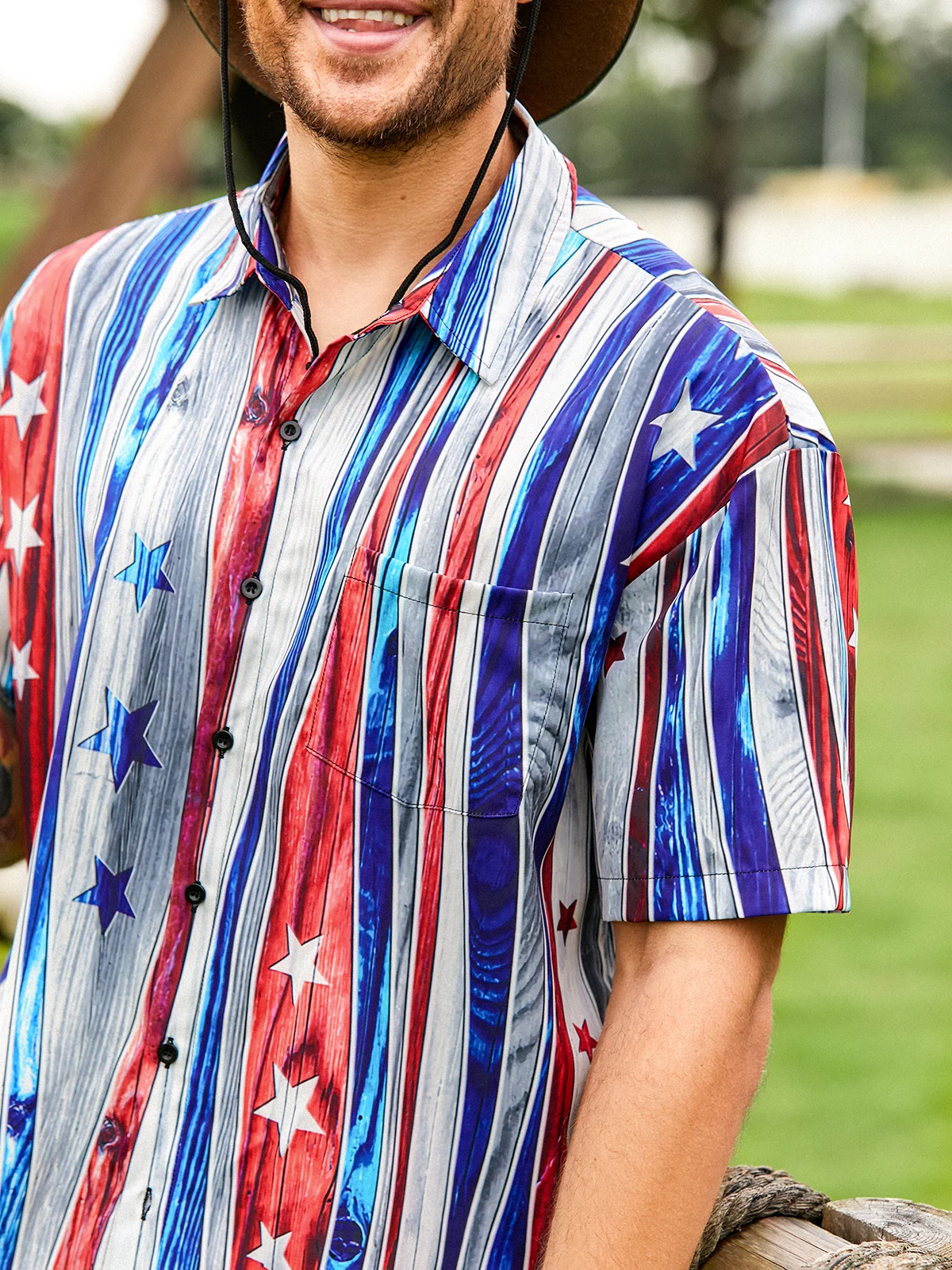 Hardaddy American Flag Striped Chest Pocket Short Sleeve Casual Shirt