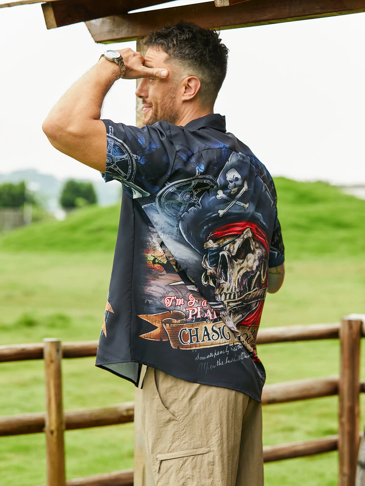 Hardaddy Black Skull Pirate Marine Chest Pocket Short Sleeve Hawaiian Botton Down Shirt