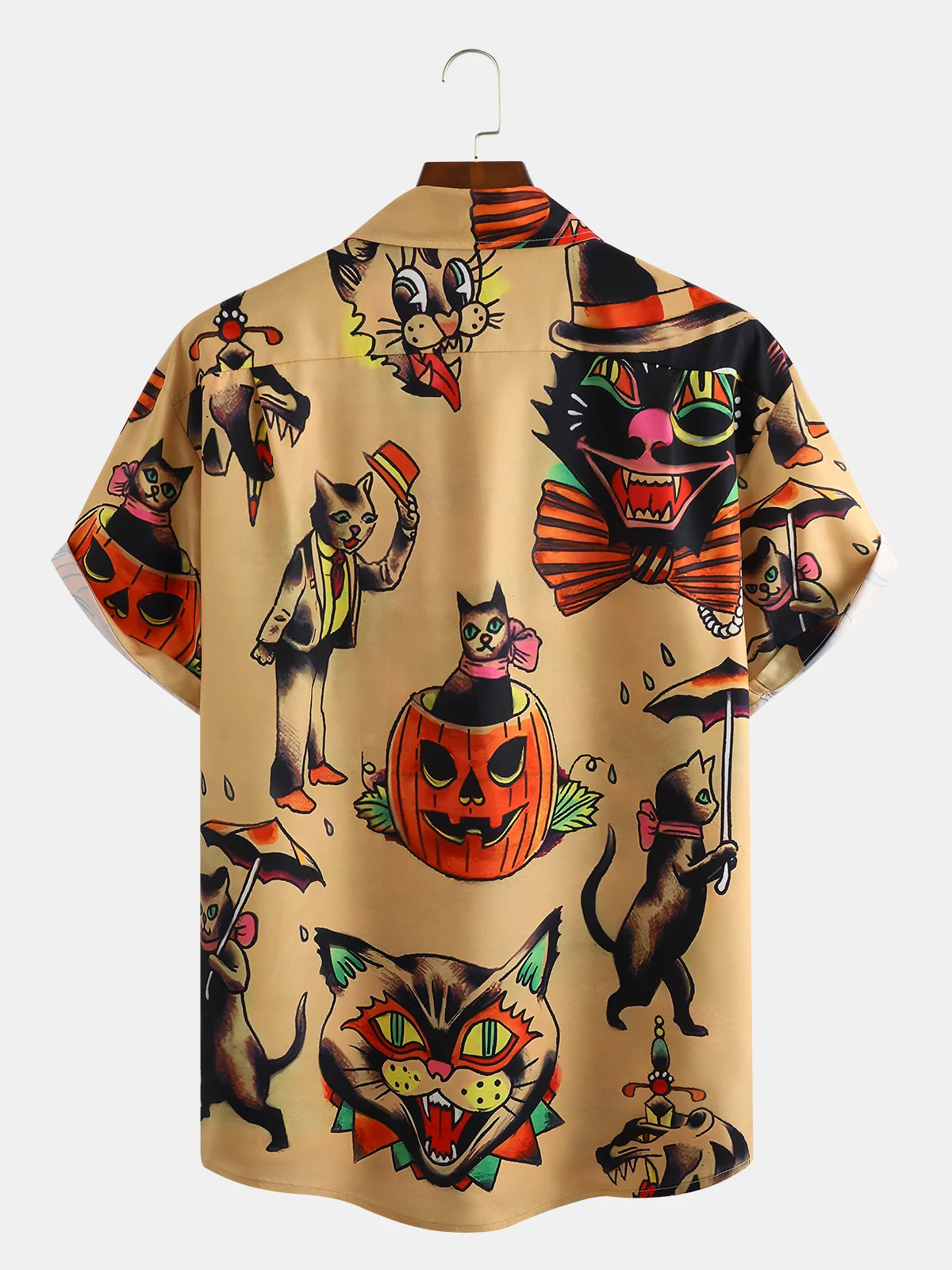 Men's Halloween Fun Cat Print Casual Breathable Hawaiian Short Sleeve Shirt