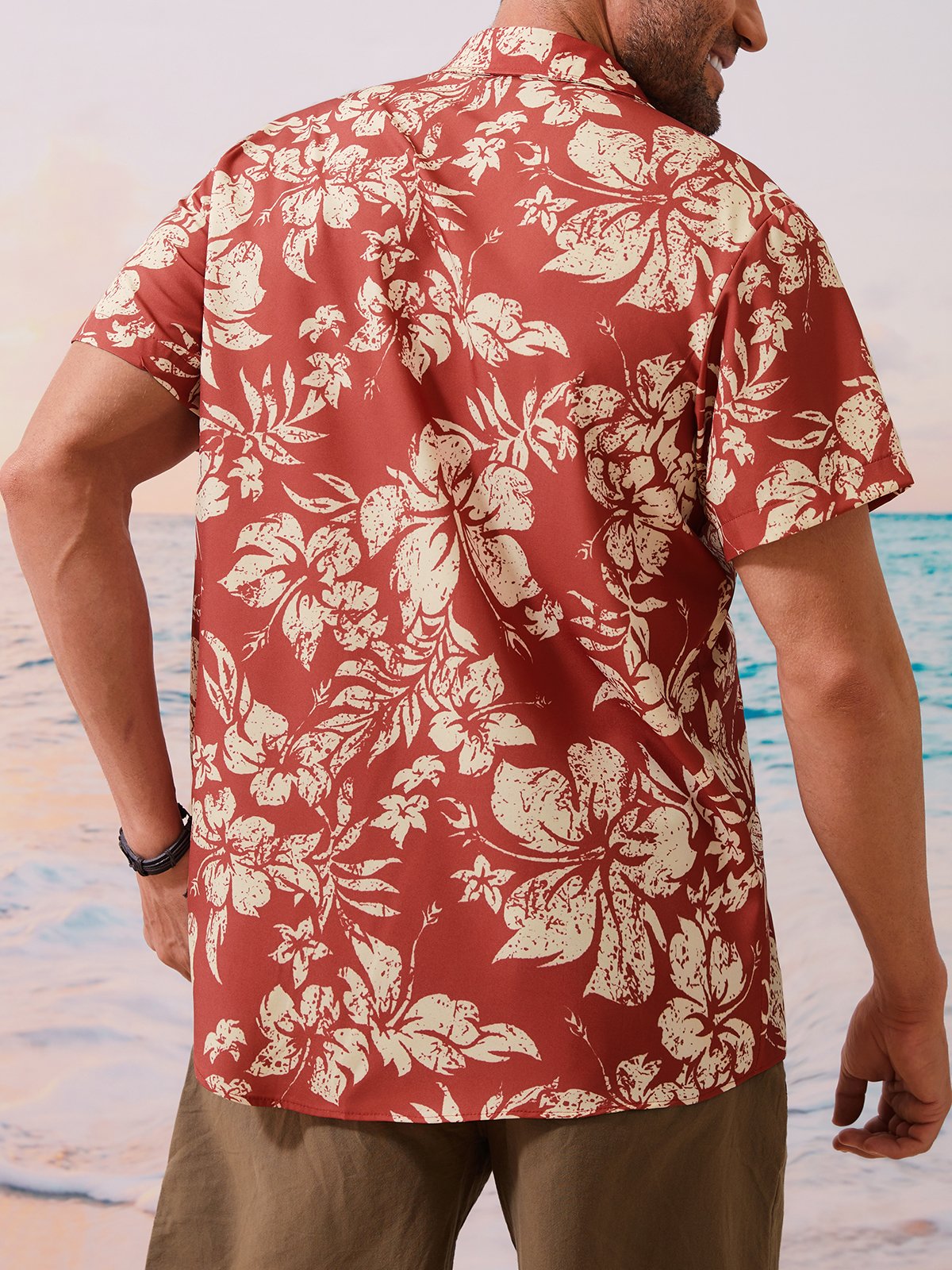 Hardaddy Holiday Style Hawaiian Series Plant Flower Leaf Element Lapel Short-Sleeved Shirt Print Top