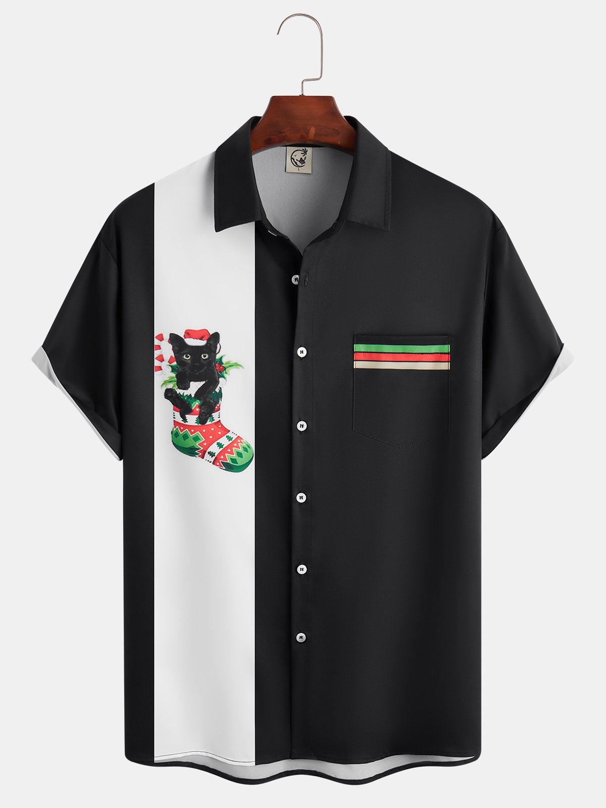 Christmas Socks Cat Chest Pocket Short Sleeve Casual Shirt
