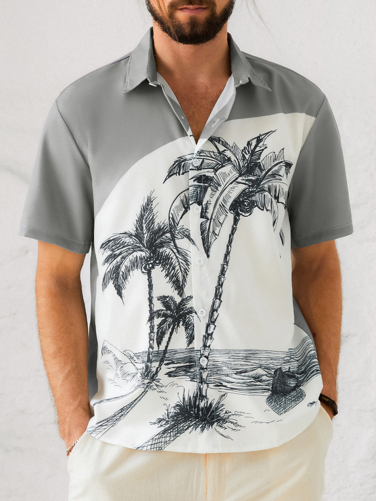 Hardaddy Mens Coconut Print Lapel Loose Short Sleeve Trendy Hawaiian Shirt
