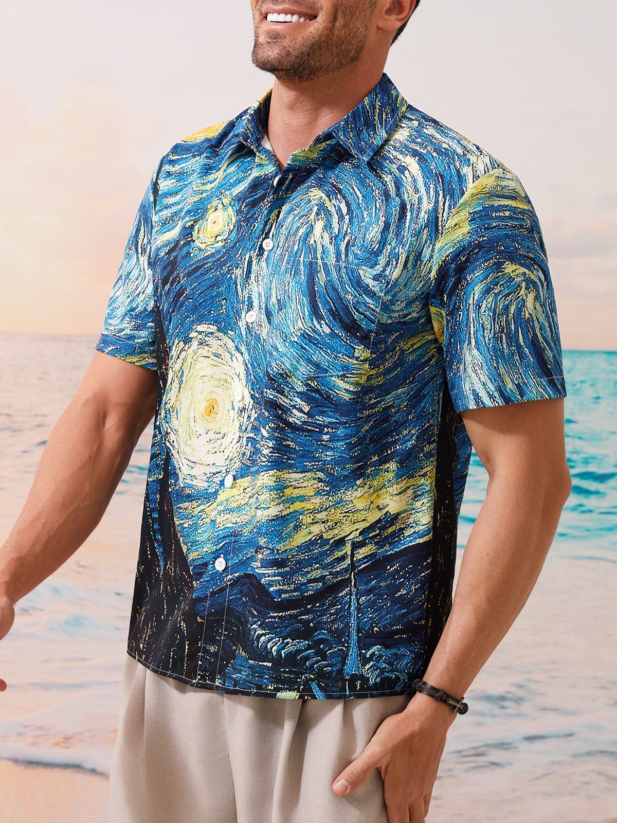 Hardaddy Mens Retro Van Gogh The Starry Night Lapel Loose Short Sleeve Funky Hawaiian Shirt