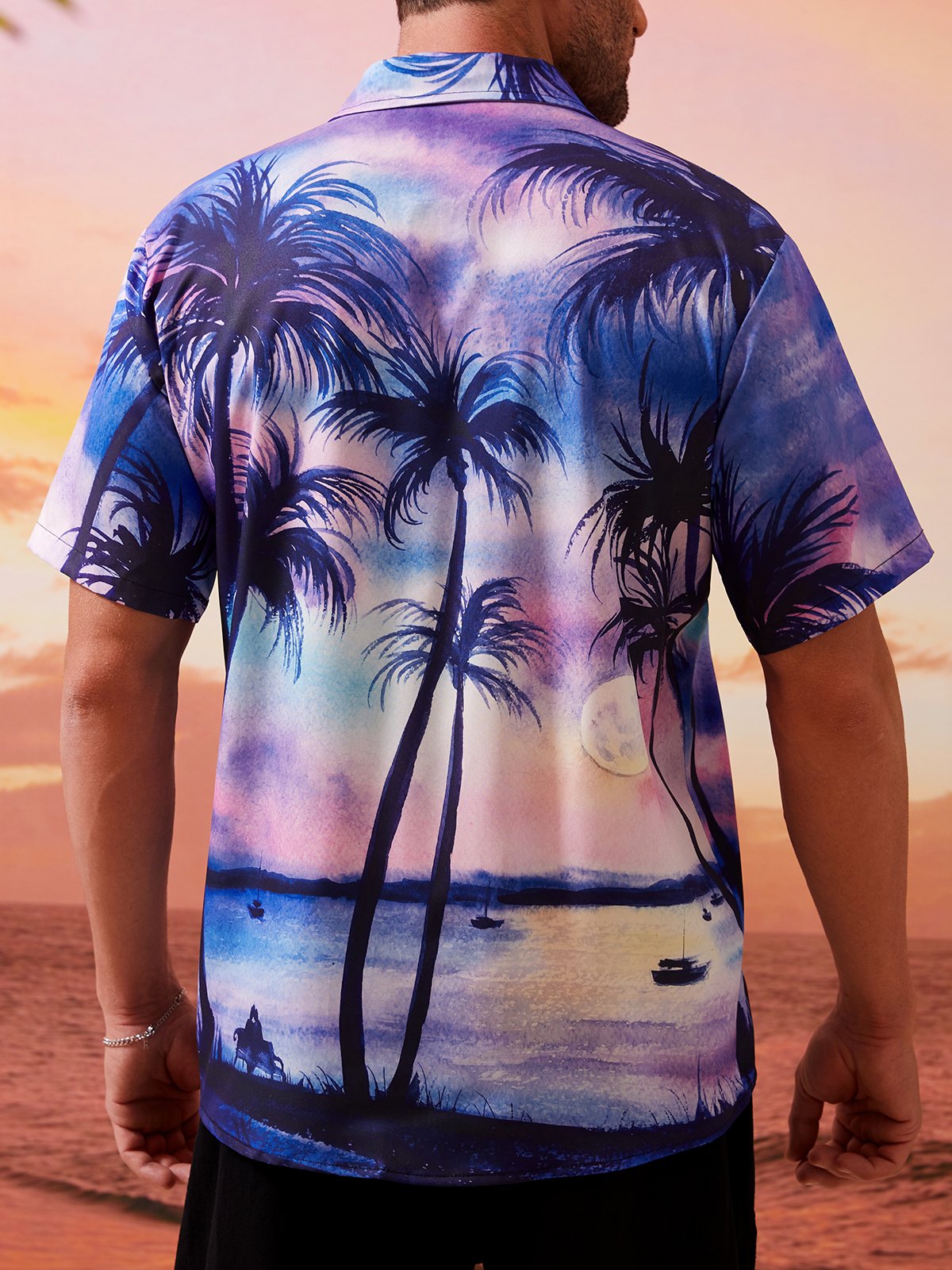 Mens Coconut Tree Sunset Print Casual Breathable Chest Pocket Short Sleeve Hawaiian Shirt