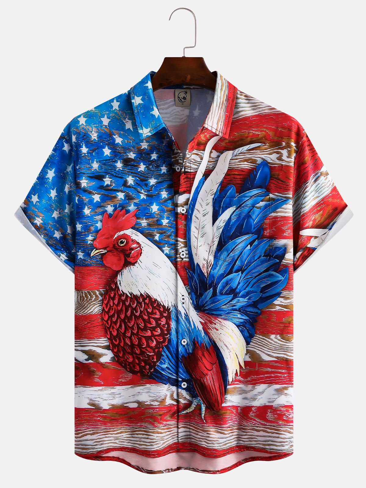 Hardaddy Men's Flag and Rooster Print Casual Breathable Hawaiian Short Sleeve Shirt