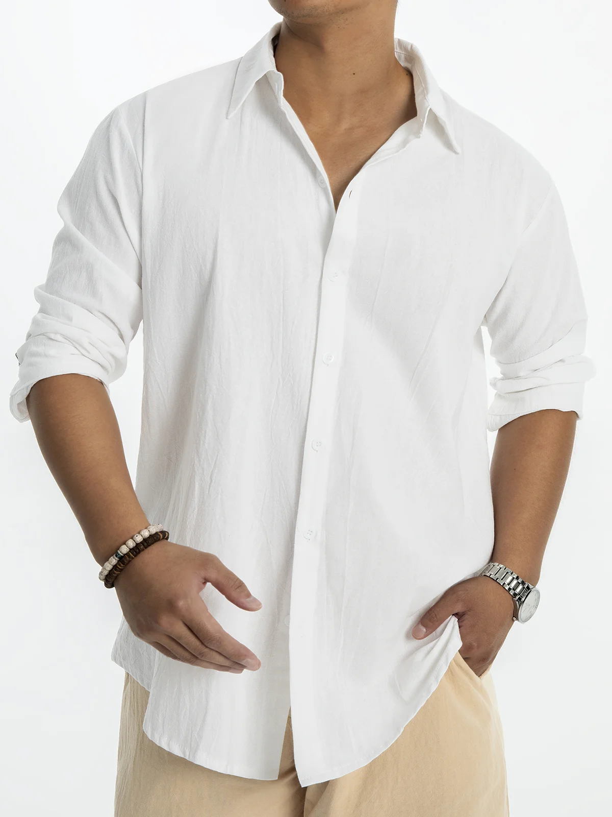 Cotton Linen Style American Casual Basic Versatile Linen Shirt