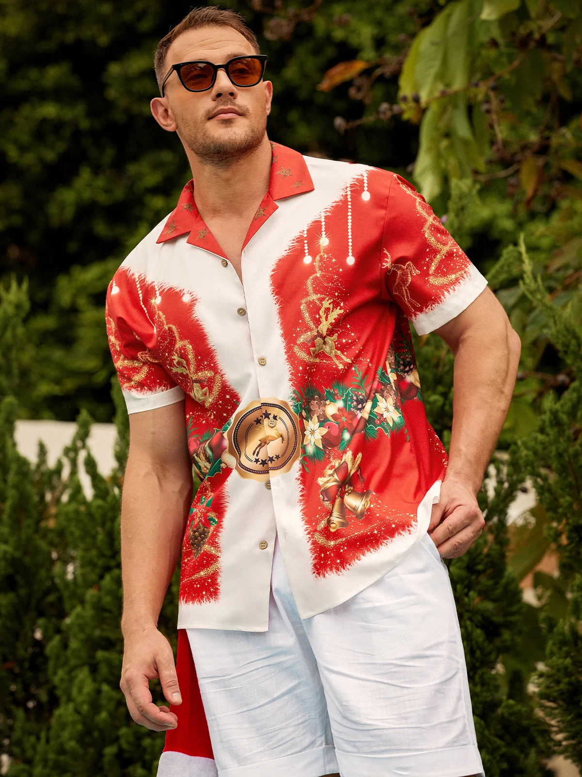 Men's New Santa Outfit Print Casual Breathable Hawaiian Short Sleeve Shirt