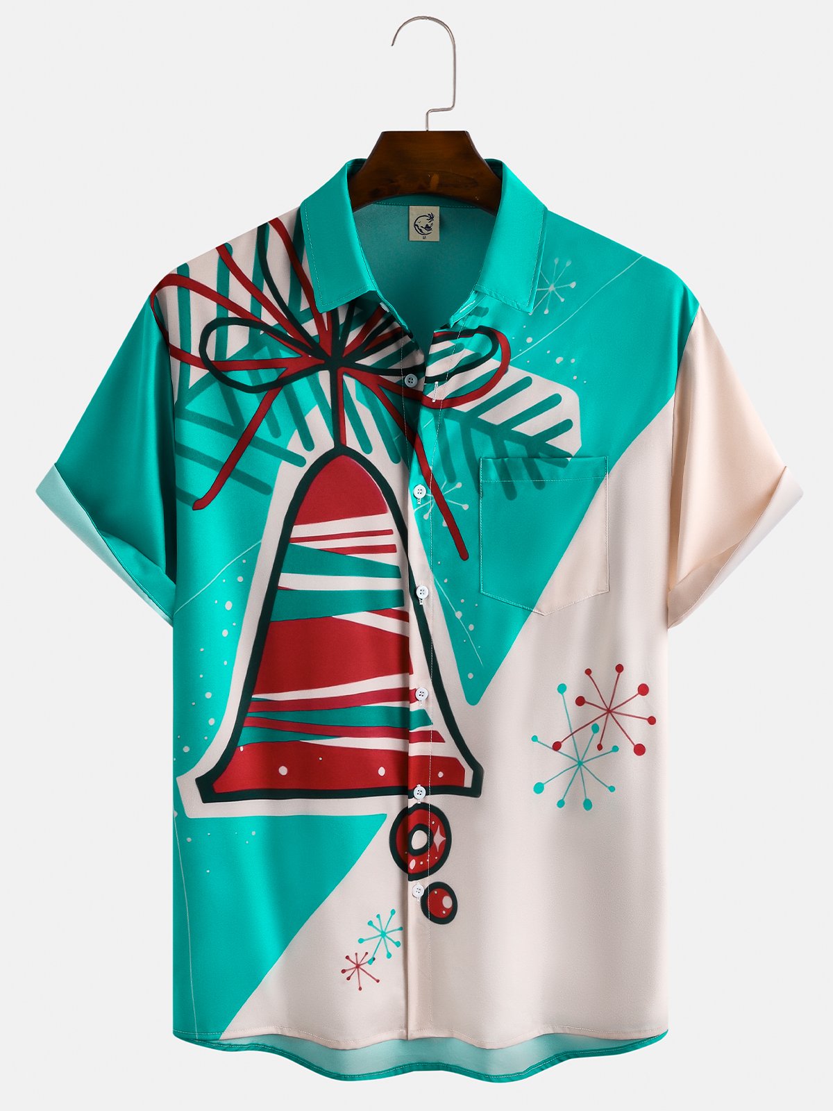 Casual Style Holiday Series Retro Christmas Bell Element Pattern Lapel Short-Sleeved Shirt Print Top