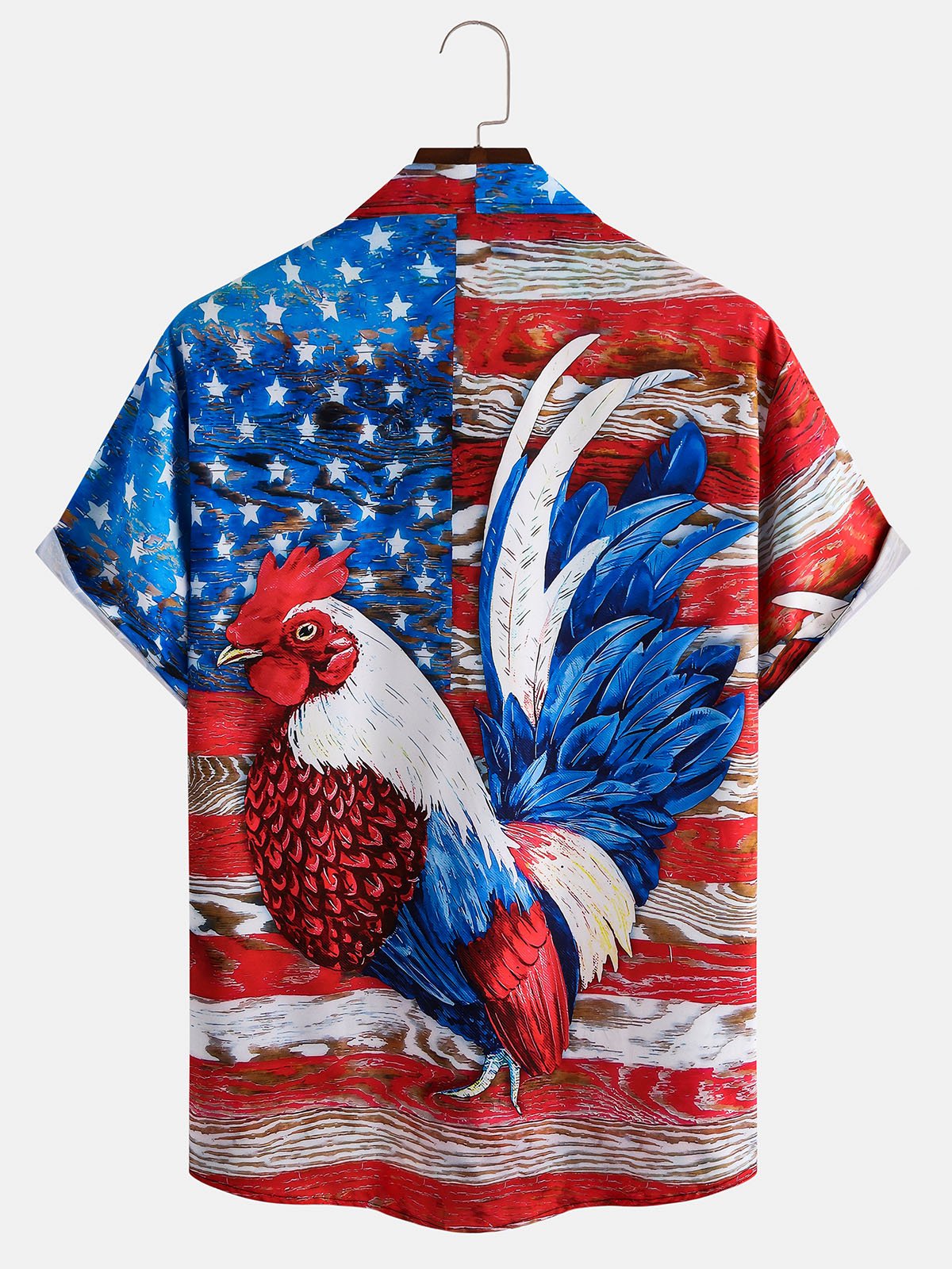 Hardaddy Men's Flag and Rooster Print Casual Breathable Hawaiian Short Sleeve Shirt