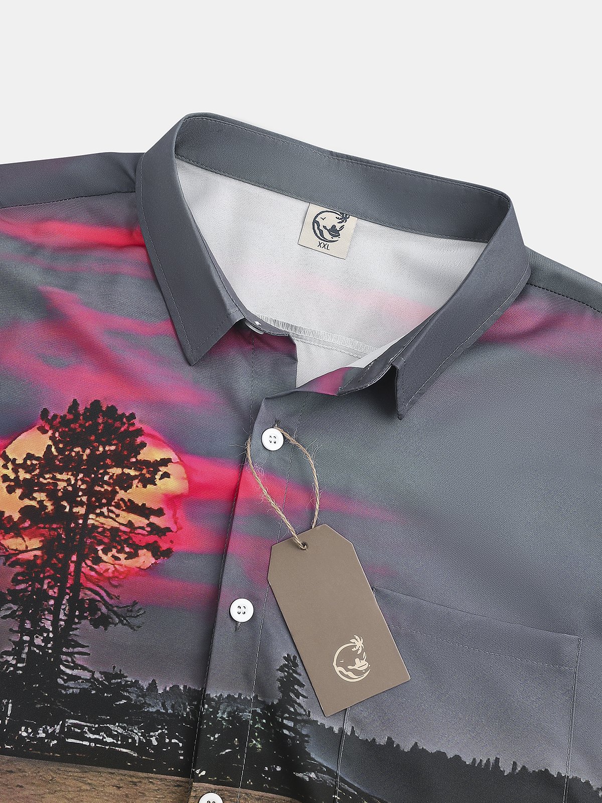 Vacation Style Hawaiian Series Sunset Gradient Sky Scenery Element Pattern Lapel Short-Sleeved Shirt Print Top
