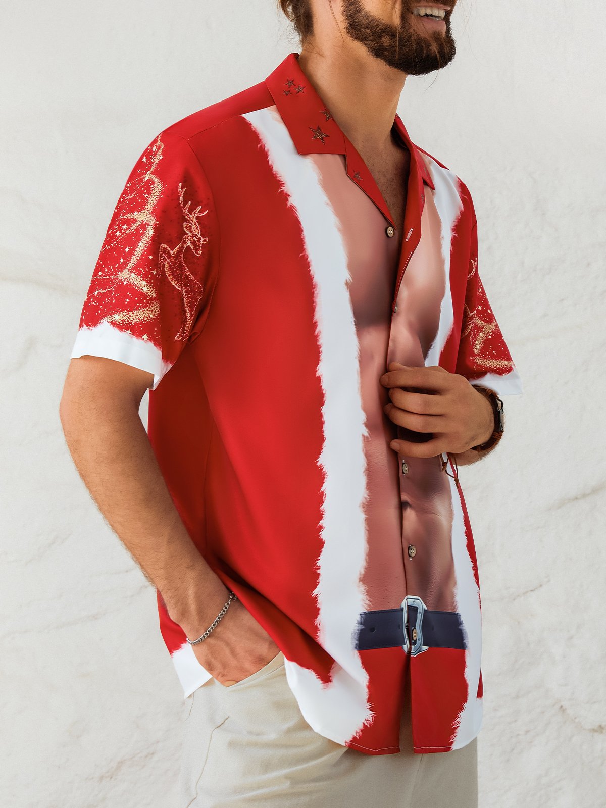 Men's New Santa Outfit Print Casual Breathable Hawaiian Short Sleeve Shirt