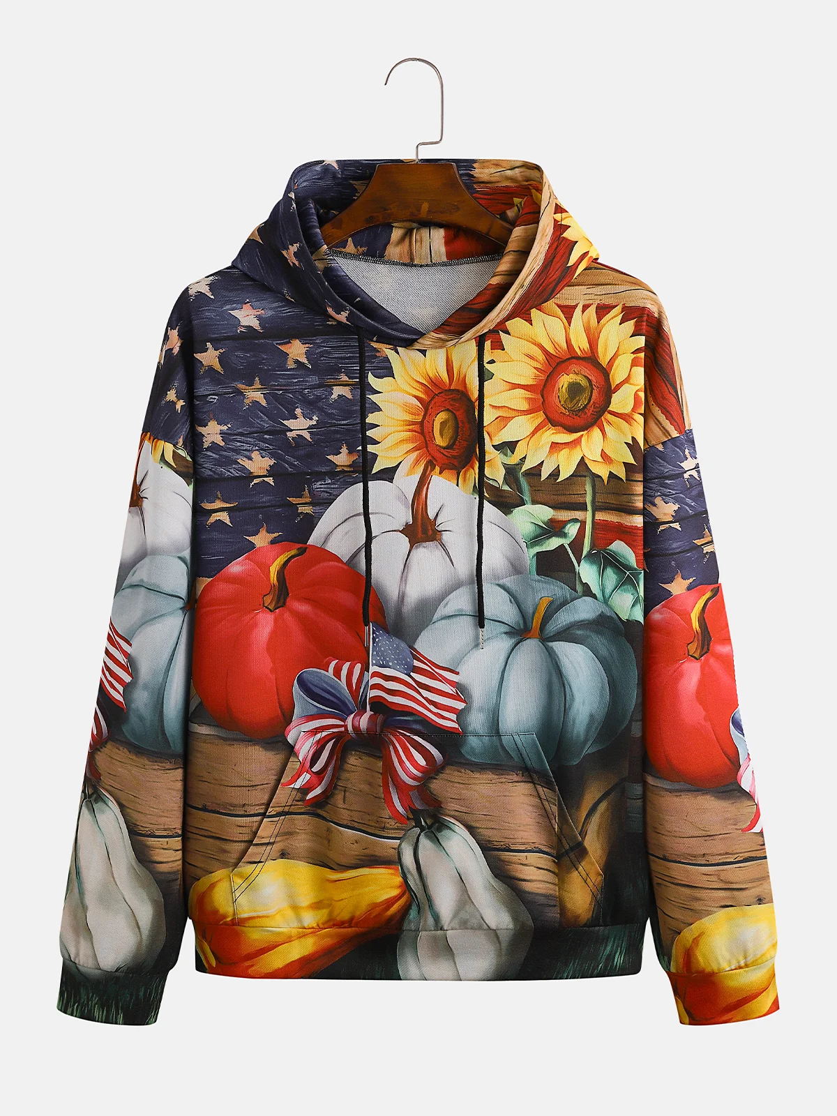 Men's Thanksgiving American Flag Pumpkin Graphic Print Hoodie