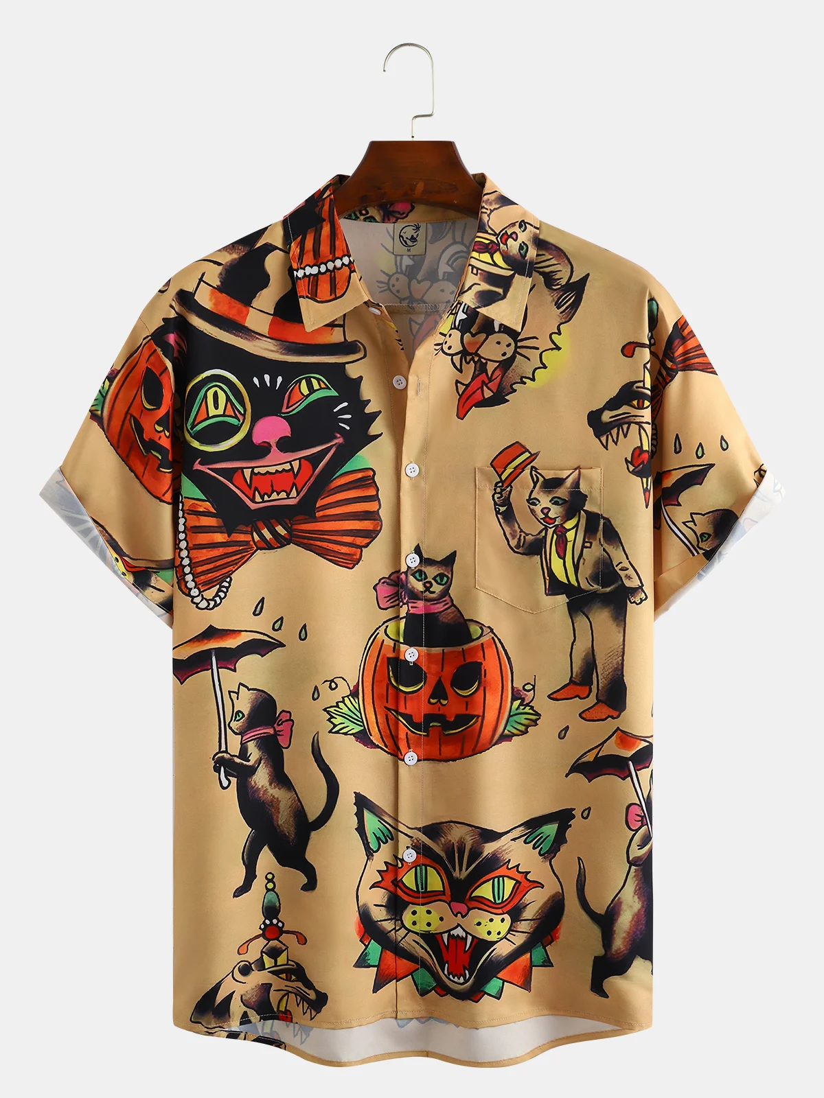 Men's Halloween Fun Cat Print Casual Breathable Hawaiian Short Sleeve Shirt