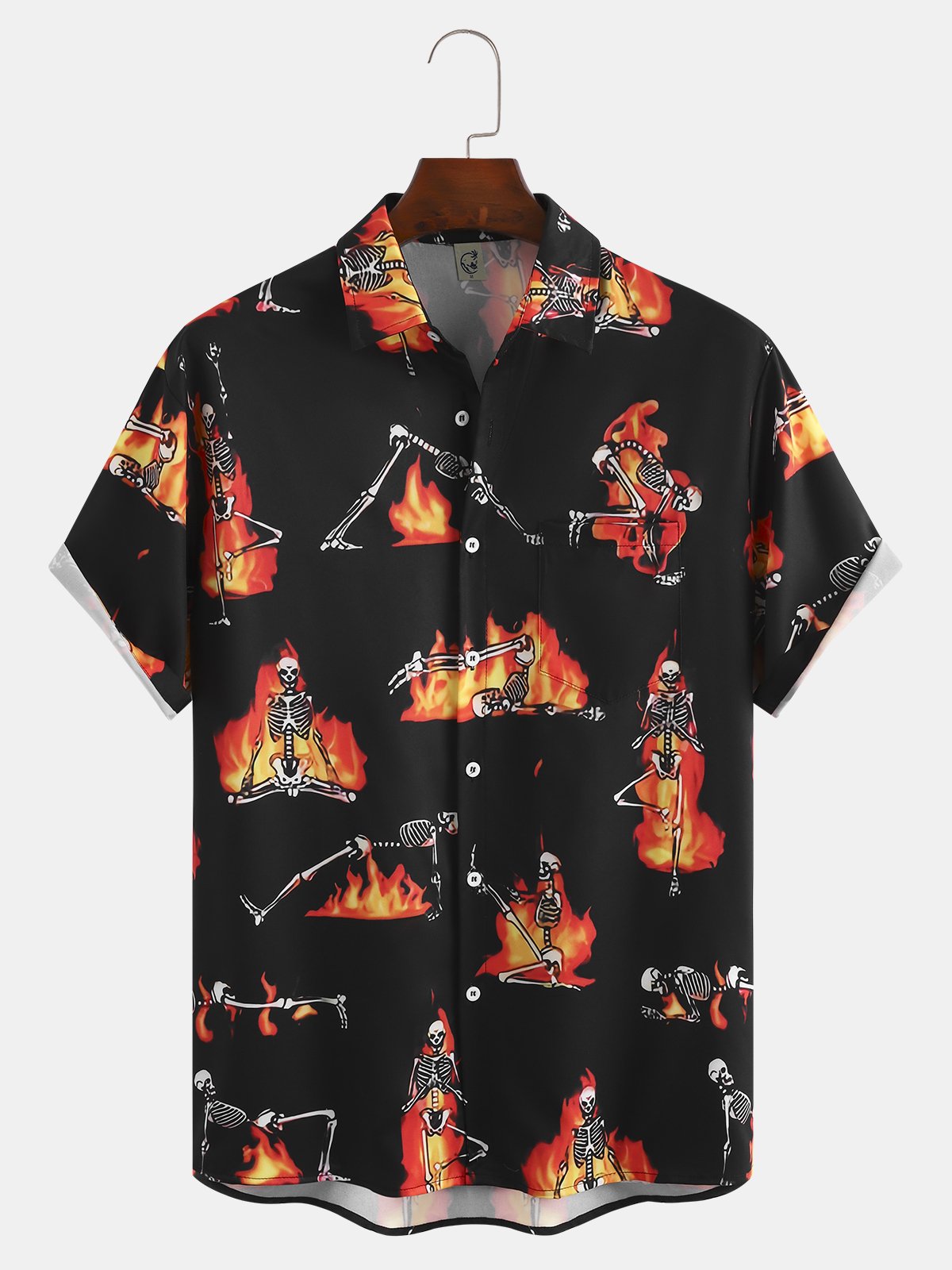 Men's Halloween Skull Print Short Sleeve Hawaiian Shirt with Chest Pocket