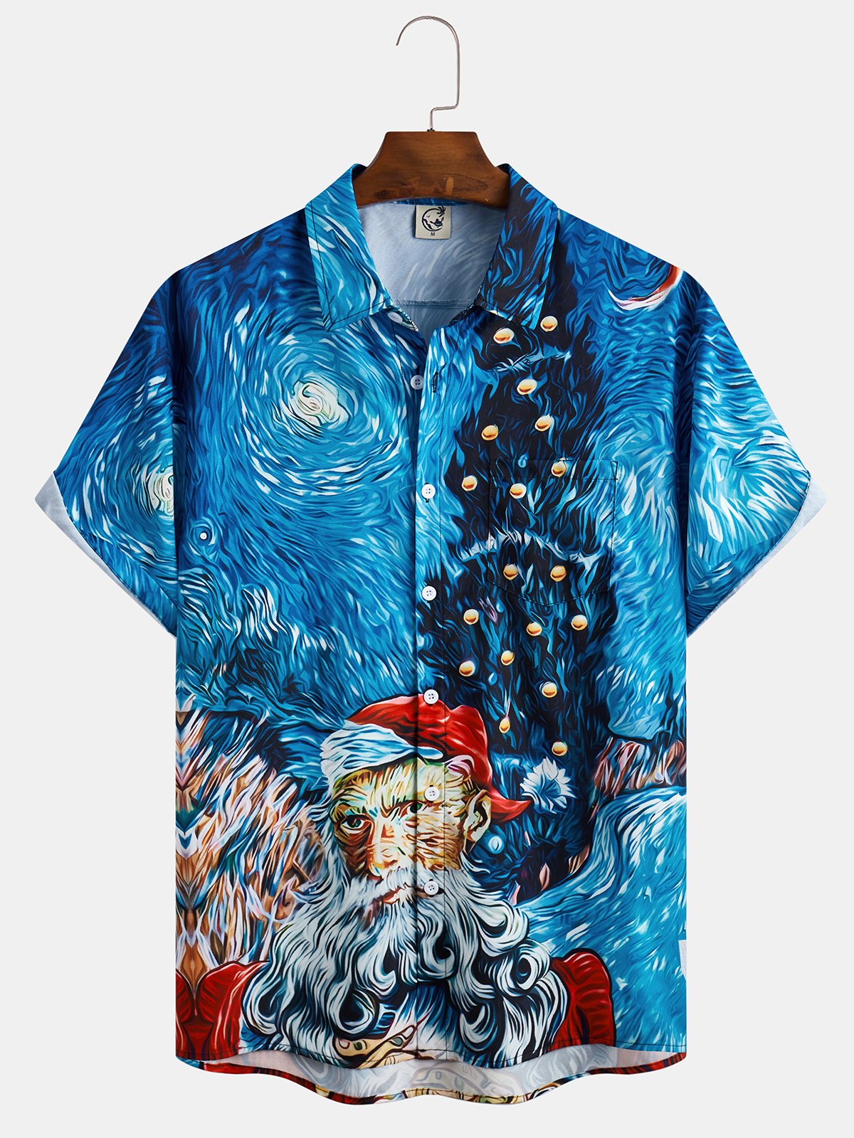 Christmas Van Gogh Starry Night Chest Pocket Short Sleeve Casual Shirt