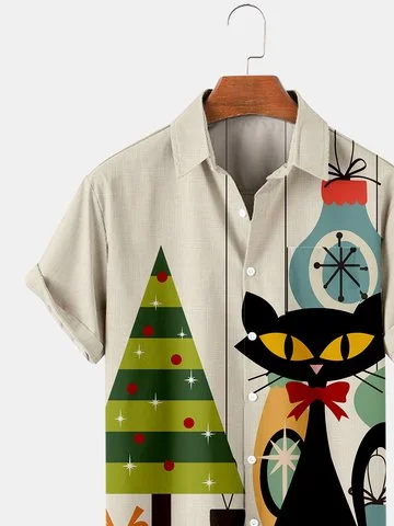 Chistmas Graphic Gift Kitten Short Sleeve Shirt Collar Christmas Shirts & Tops