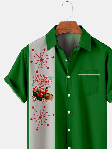 50s Vintage Style Santa With Sled Print Up To 4XLT Bowling Shirt