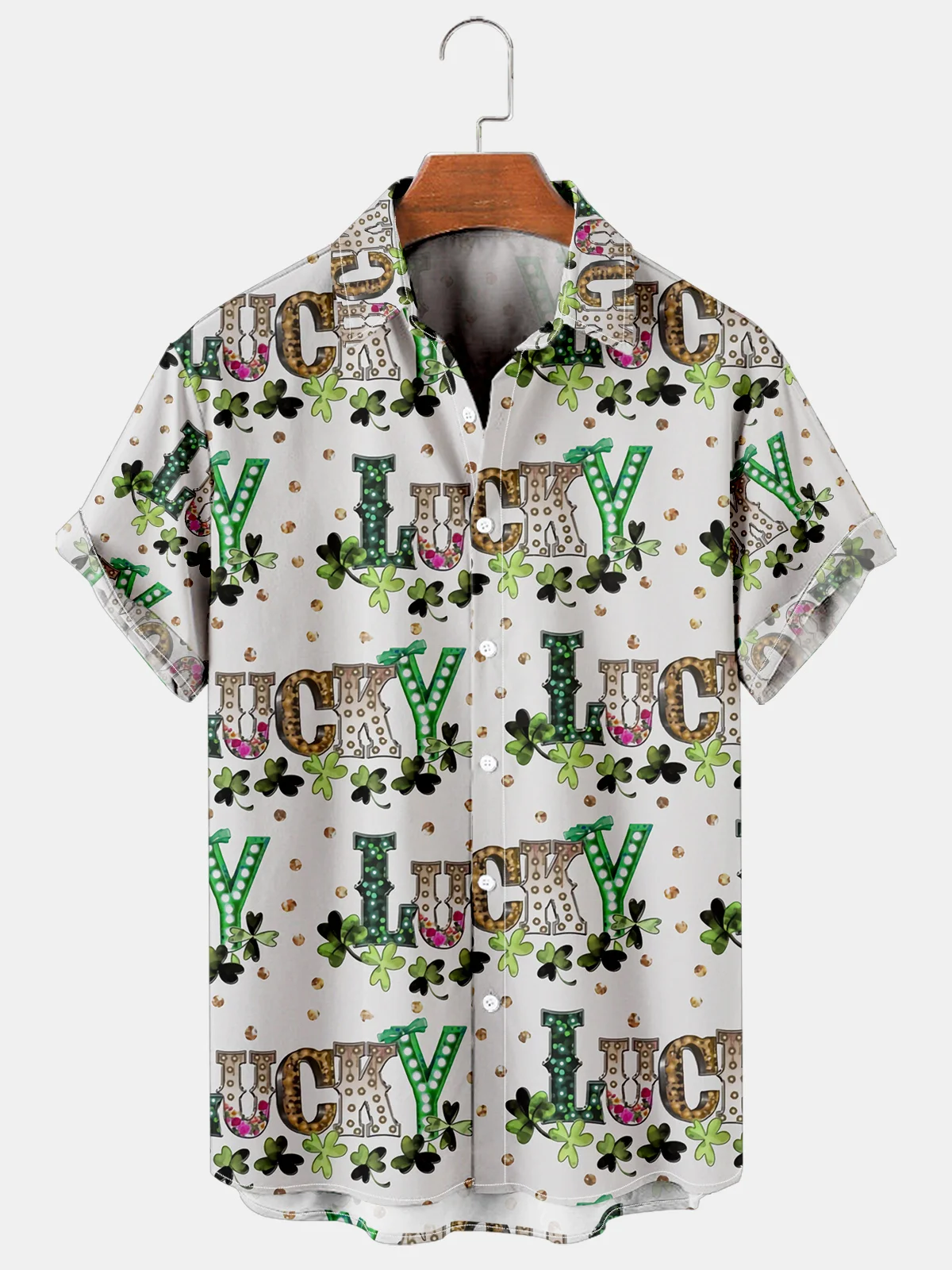 Holiday And Leisure St. Patrick's Day Element Four-Leaf Clover And Alphabet Pattern Hawaiian Style Printed Shirt Top