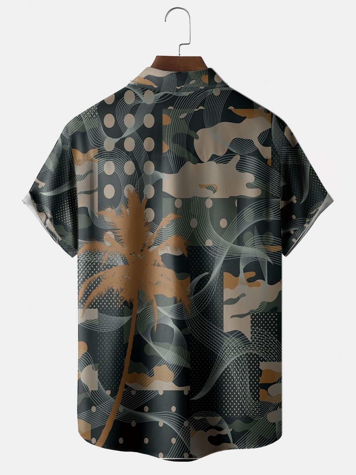 Men's Coconut Tree Floral Camo Print Casual Fabric Fashion Pocket Hawaiian Lapel Short Sleeve Shirt