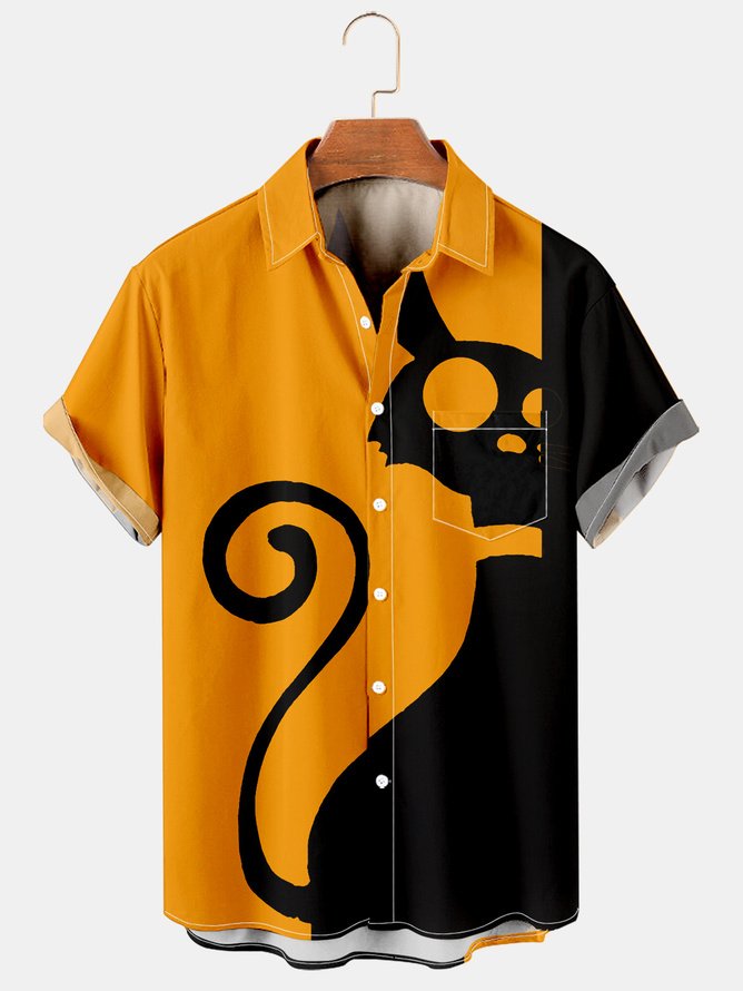 Men's Halloween Cat Print Casual Breathable Short Sleeve Shirt